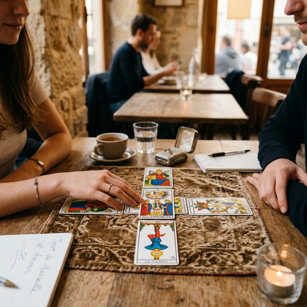 Tarot cards arranged on a café table during a reading